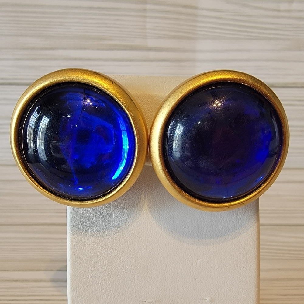 Vintage GJD Ginnie Johansen Cobalt Blue Cabochon Gold Tone Clip On Earrings
